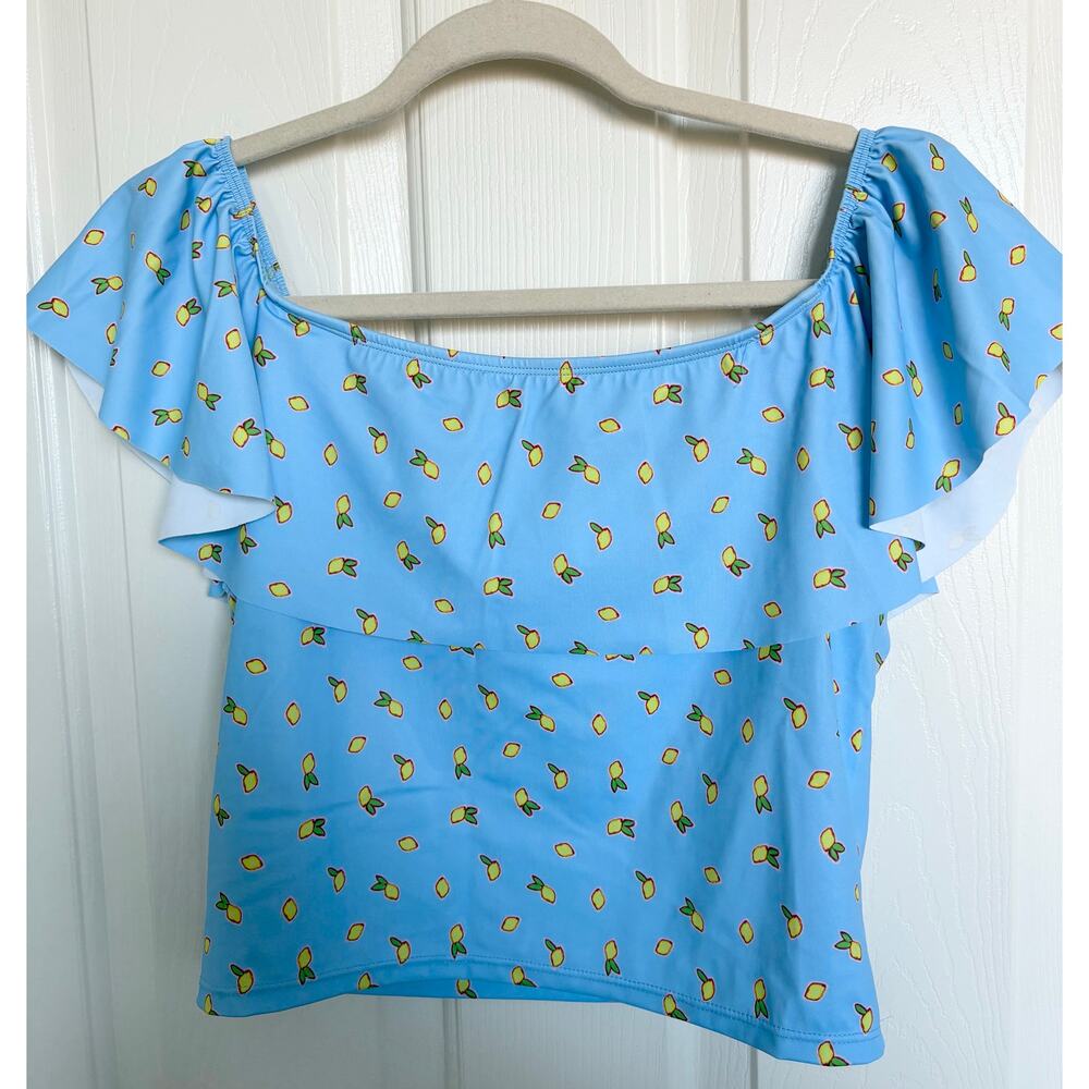 New w/o Tags ! Kortni Jeane Ruffled Around Swimsuit Top Blue Yellow Lemon Sz L - Picture 2 of 5